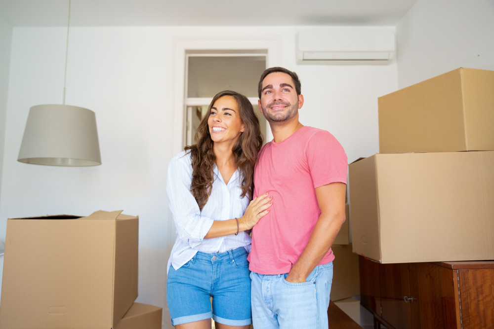 casal feliz em sua casa ou apartamento