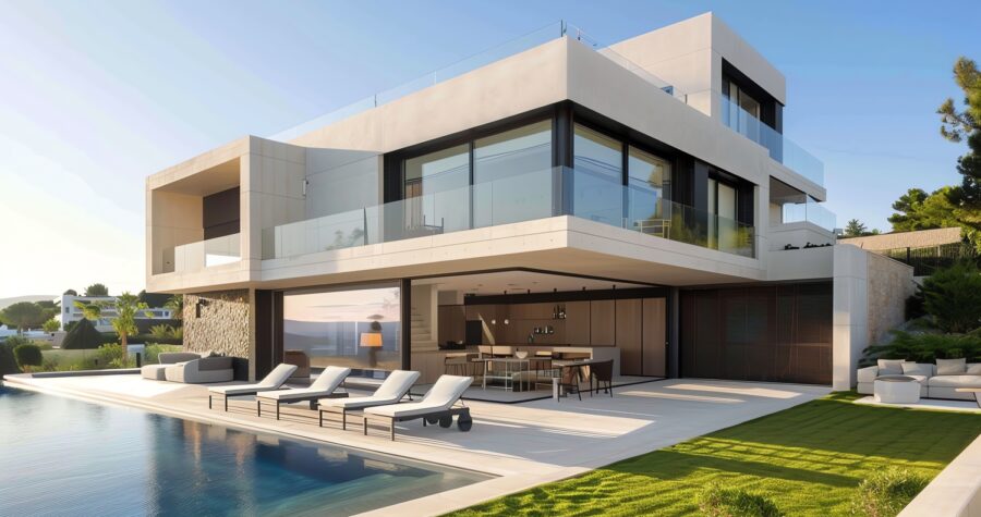 Modern house with a swimming pool and lush green lawn.